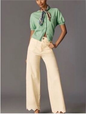 Maeve Colette Full Length Embellished Wide-Leg Scallop Hem Pants in Yellow